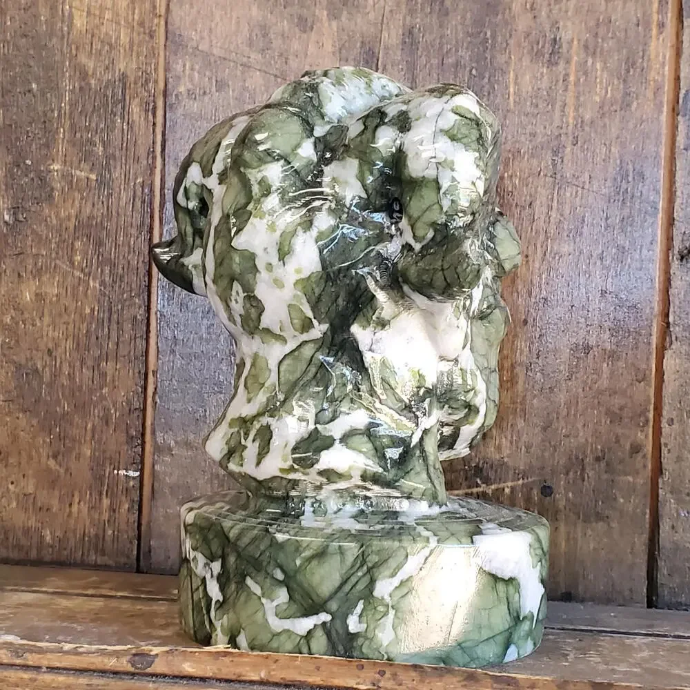 Velnias Horned Bust Serpentine Jade Demon Head Bust Crystal Skull 1740 grams